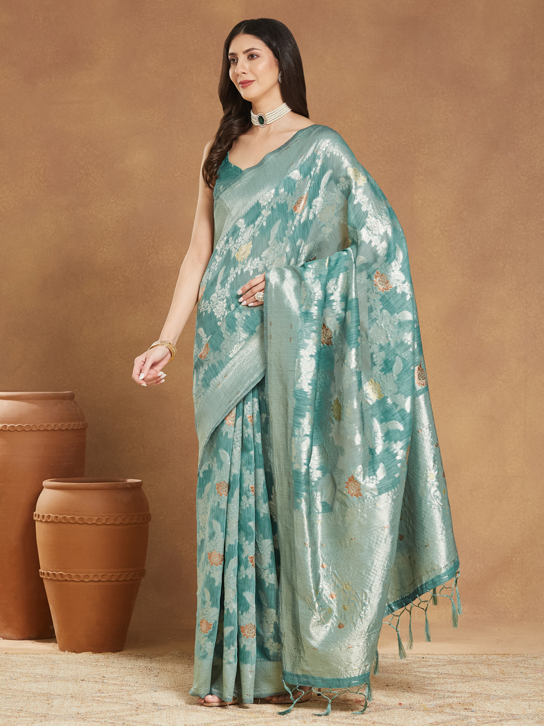 Janasya Women's Sea Green Linen Blend Floral Woven Design Jacquard Saree with Blouse Piece