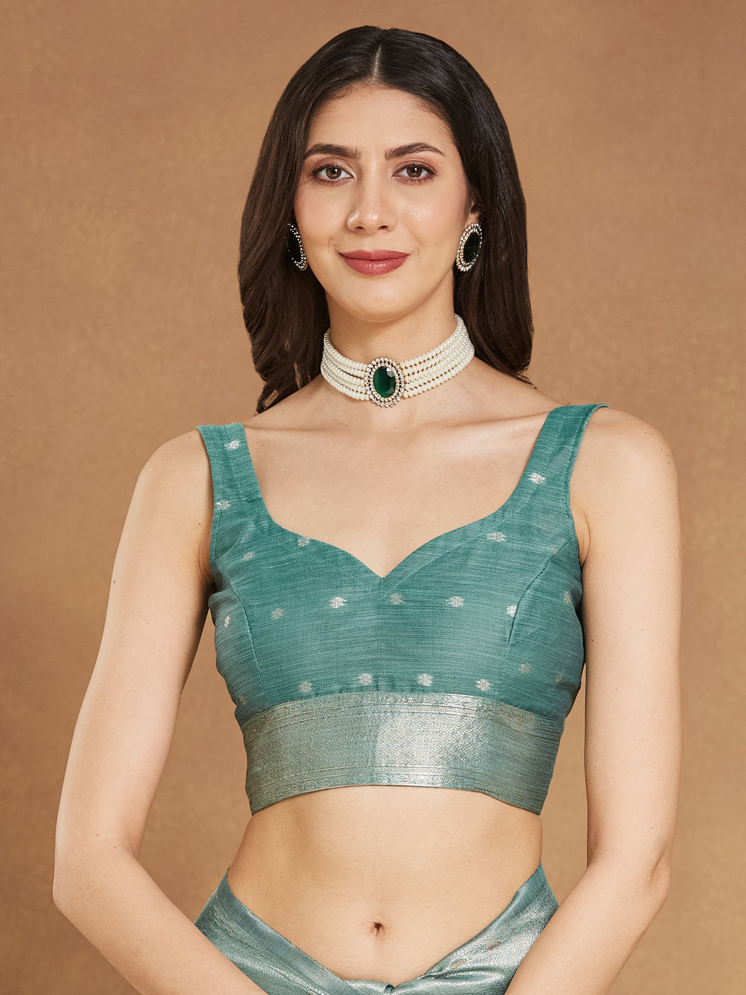 Janasya Women's Sea Green Linen Blend Floral Woven Design Jacquard Saree with Blouse Piece