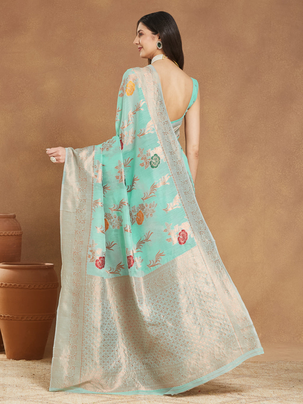 Janasya Women's Sea Blue Linen Blend Floral Woven Design Jacquard Saree with Blouse Piece