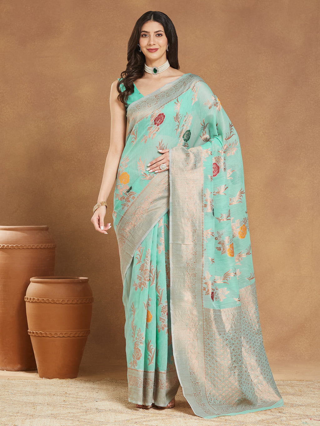 Janasya Women's Sea Blue Linen Blend Floral Woven Design Jacquard Saree with Blouse Piece