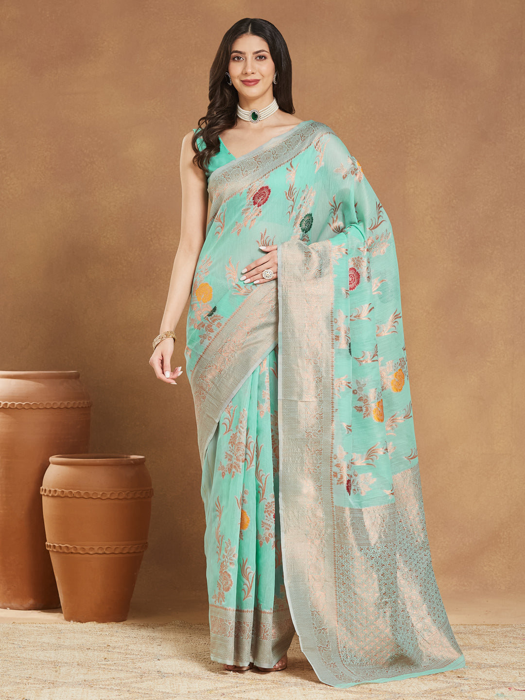 Janasya Women's Sea Blue Linen Blend Floral Woven Design Jacquard Saree with Blouse Piece