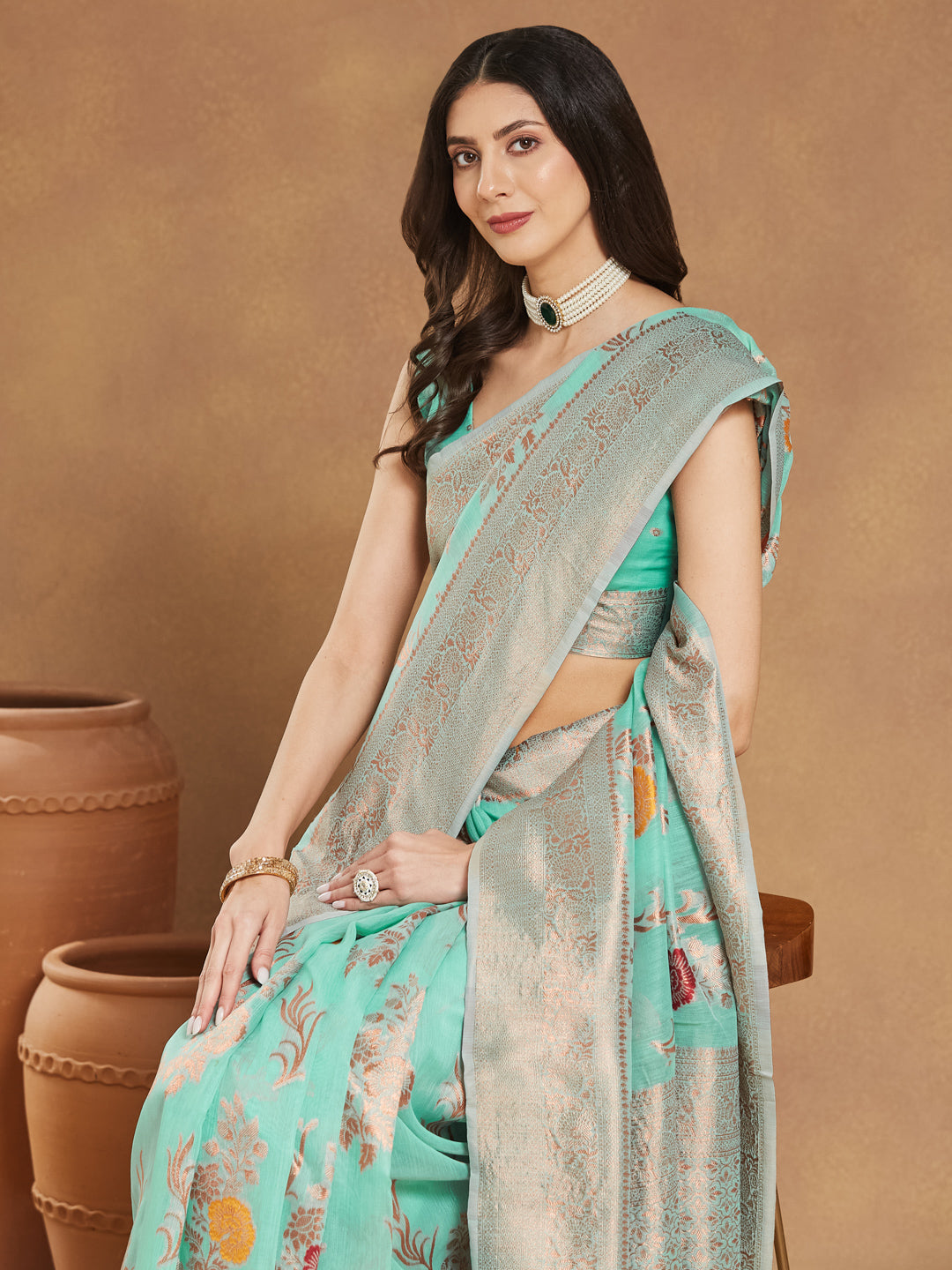 Janasya Women's Sea Blue Linen Blend Floral Woven Design Jacquard Saree with Blouse Piece