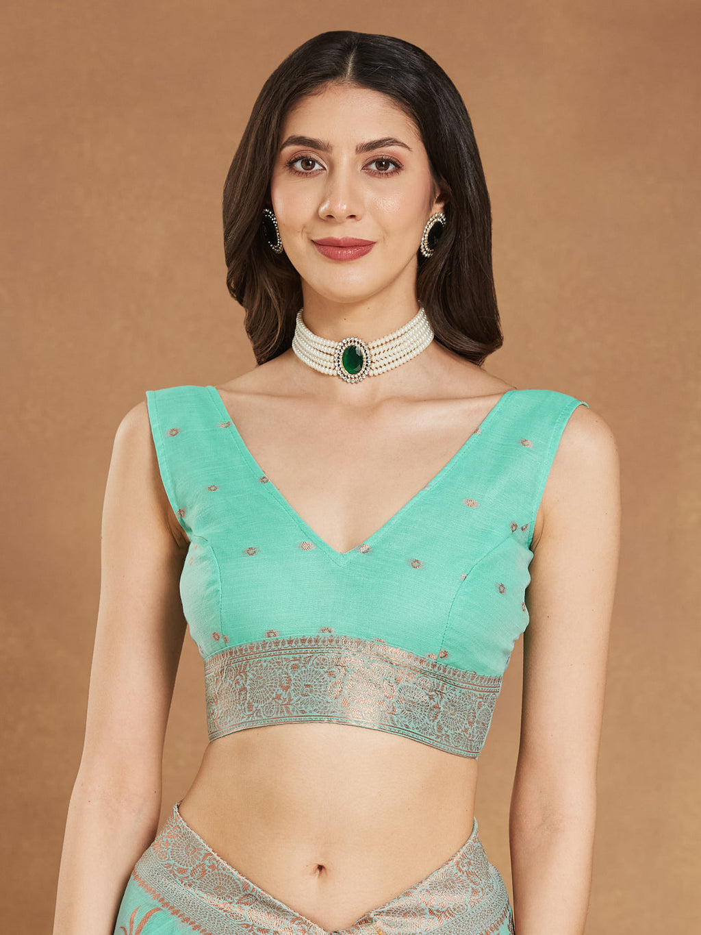 Janasya Women's Sea Blue Linen Blend Floral Woven Design Jacquard Saree with Blouse Piece