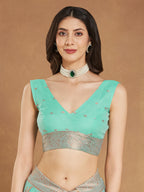 Janasya Women's Sea Blue Linen Blend Floral Woven Design Jacquard Saree with Blouse Piece