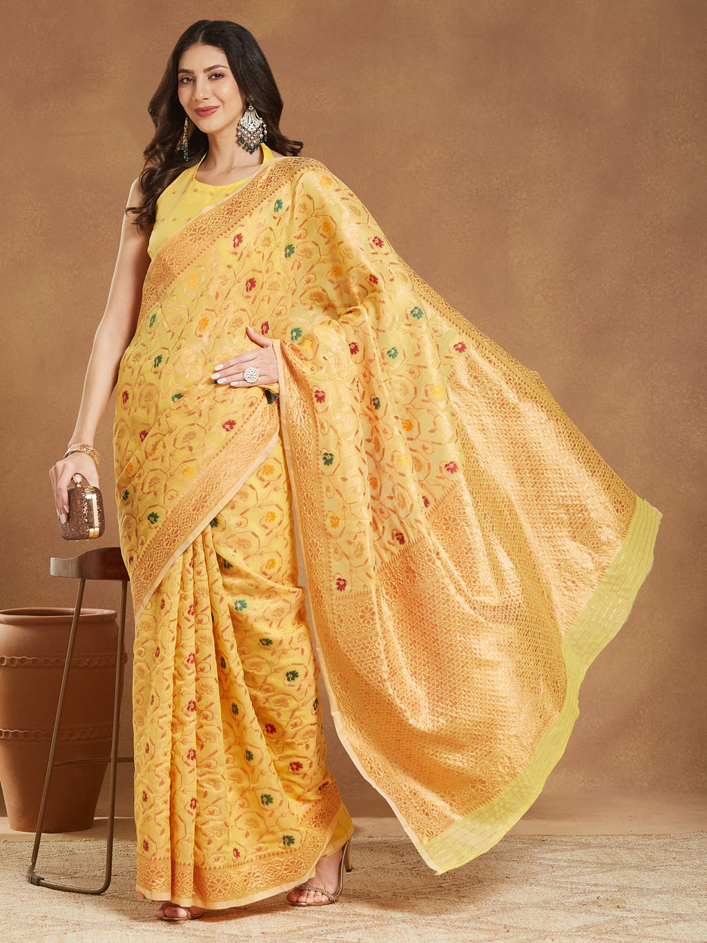Janasya Women's Yellow Linen Blend Patola Woven Design Jacquard Saree with Blouse Piece