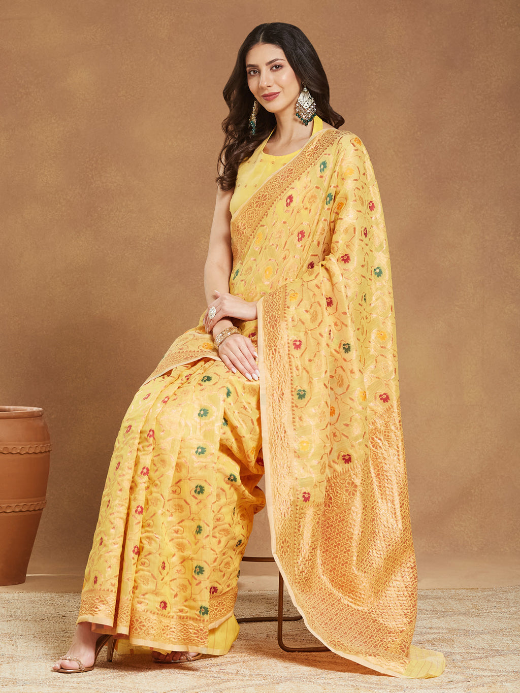 Janasya Women's Yellow Linen Blend Patola Woven Design Jacquard Saree with Blouse Piece