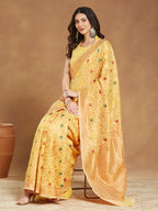 Janasya Women's Yellow Linen Blend Patola Woven Design Jacquard Saree with Blouse Piece