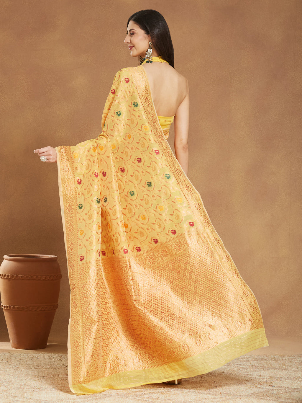 Janasya Women's Yellow Linen Blend Patola Woven Design Jacquard Saree with Blouse Piece