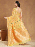 Janasya Women's Yellow Linen Blend Patola Woven Design Jacquard Saree with Blouse Piece