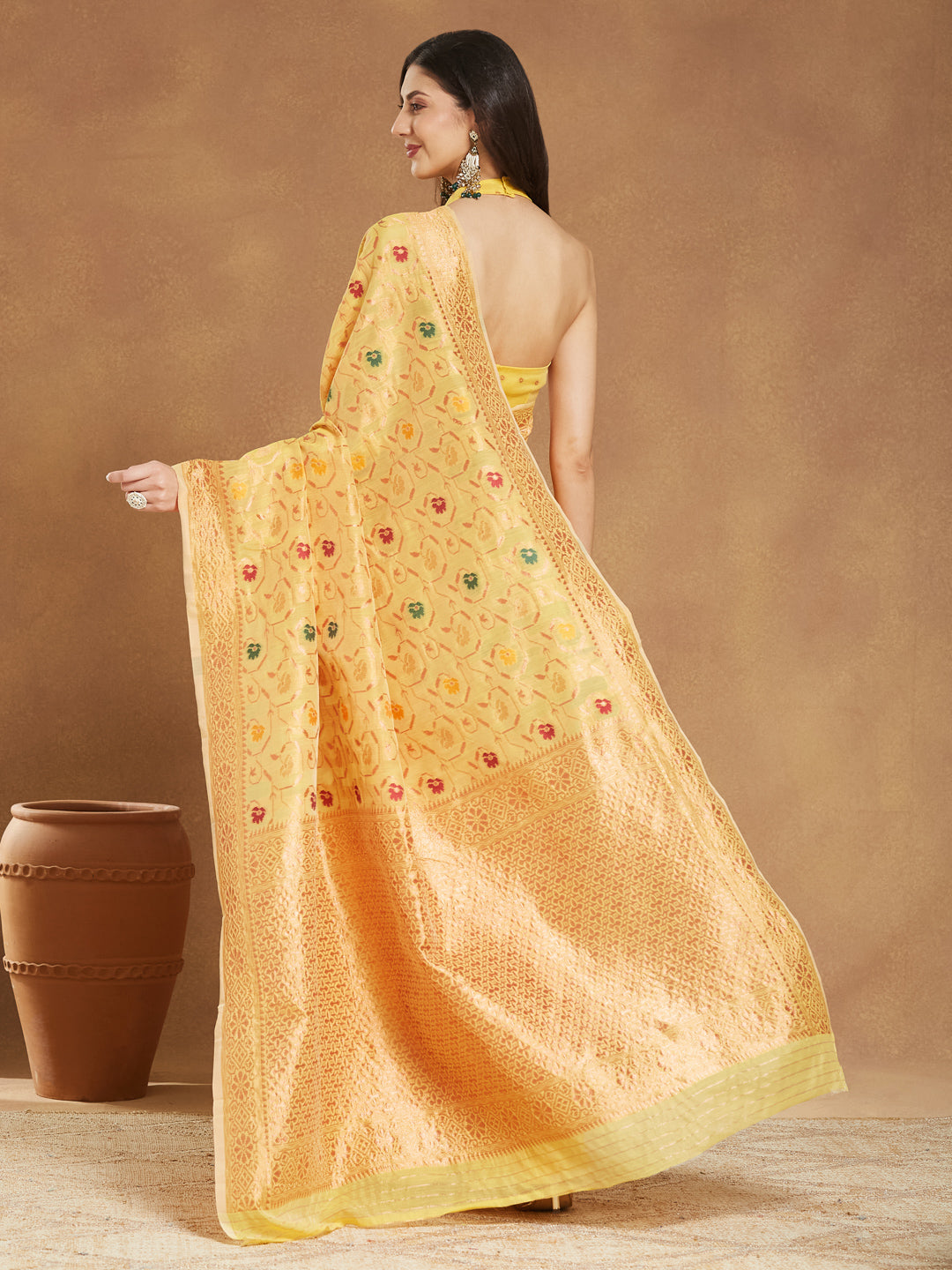 Janasya Women's Yellow Linen Blend Patola Woven Design Jacquard Saree with Blouse Piece