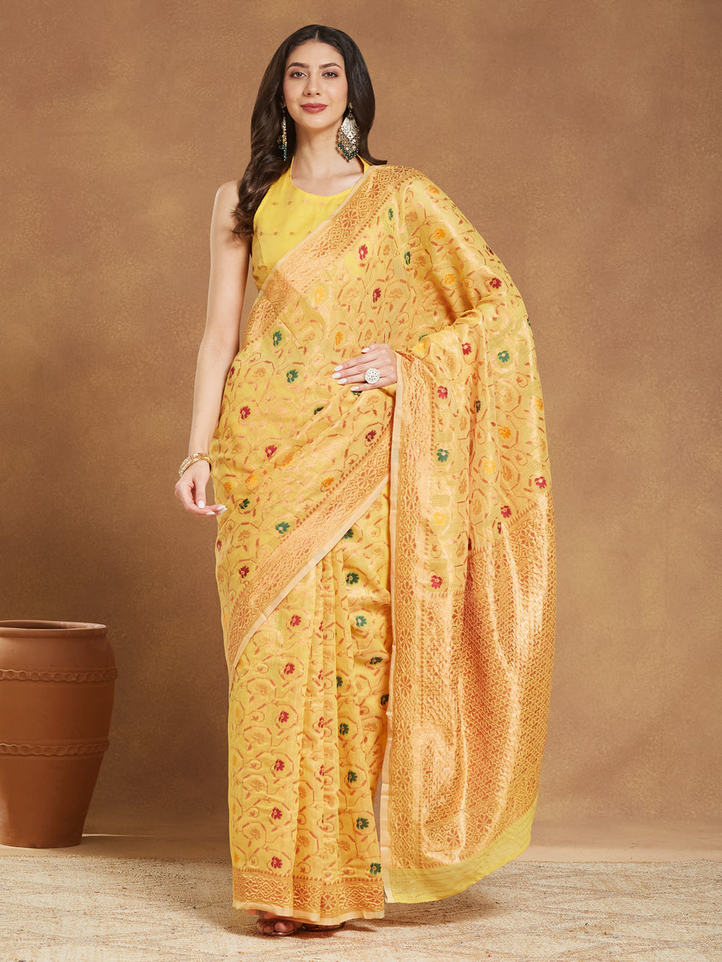 Janasya Women's Yellow Linen Blend Patola Woven Design Jacquard Saree with Blouse Piece