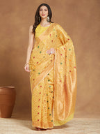 Janasya Women's Yellow Linen Blend Patola Woven Design Jacquard Saree with Blouse Piece