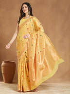 Janasya Women's Yellow Linen Blend Patola Woven Design Jacquard Saree with Blouse Piece