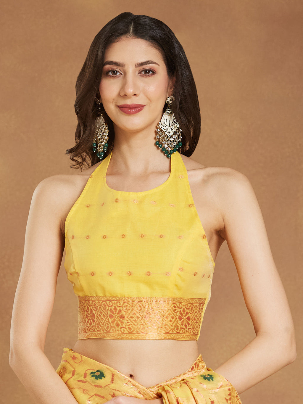 Janasya Women's Yellow Linen Blend Patola Woven Design Jacquard Saree with Blouse Piece