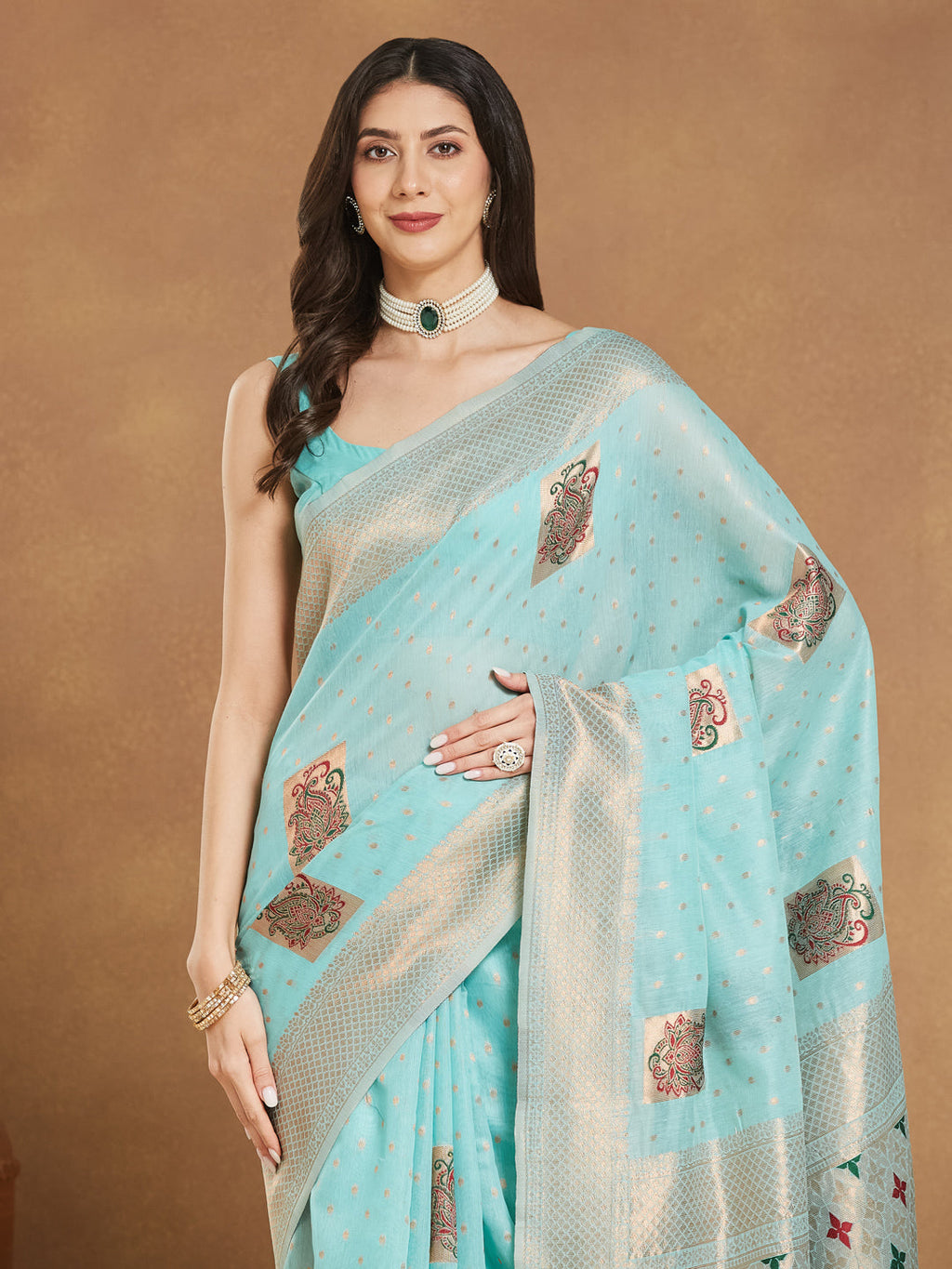 Janasya Women's Sea Green Linen Blend Ethnic Motifs Woven Design Jacquard Saree with Blouse Piece
