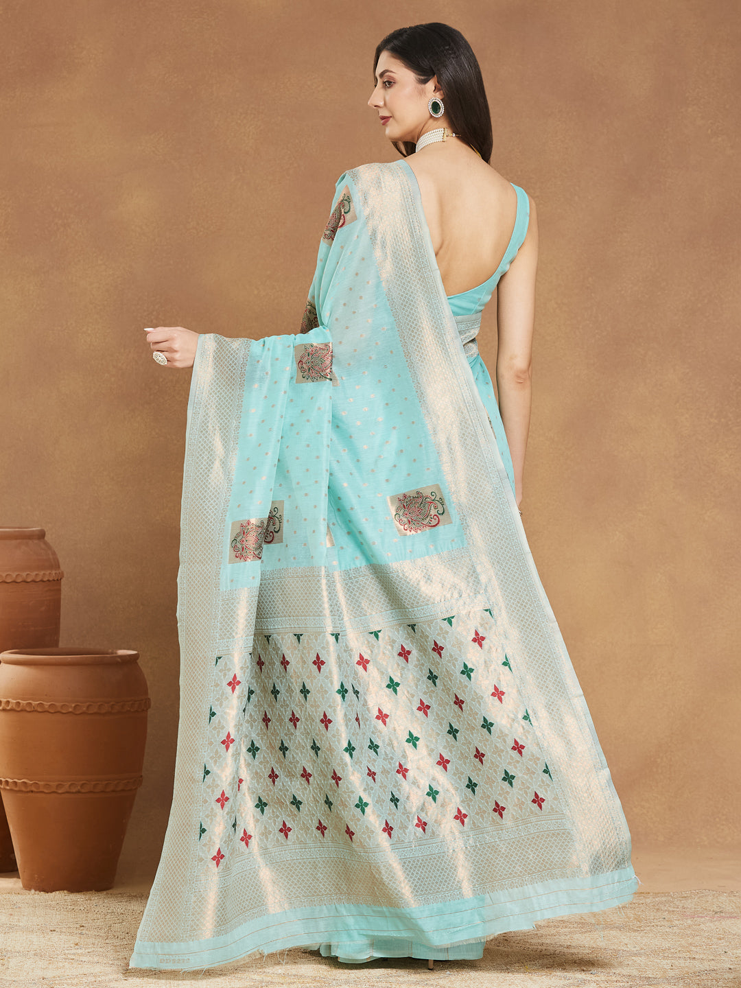 Janasya Women's Sea Green Linen Blend Ethnic Motifs Woven Design Jacquard Saree with Blouse Piece