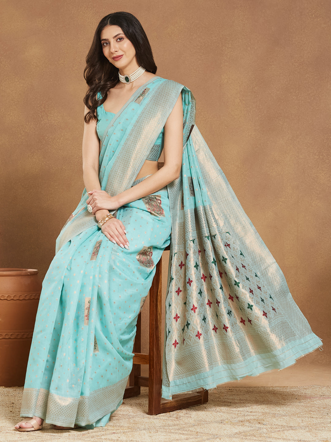 Janasya Women's Sea Green Linen Blend Ethnic Motifs Woven Design Jacquard Saree with Blouse Piece
