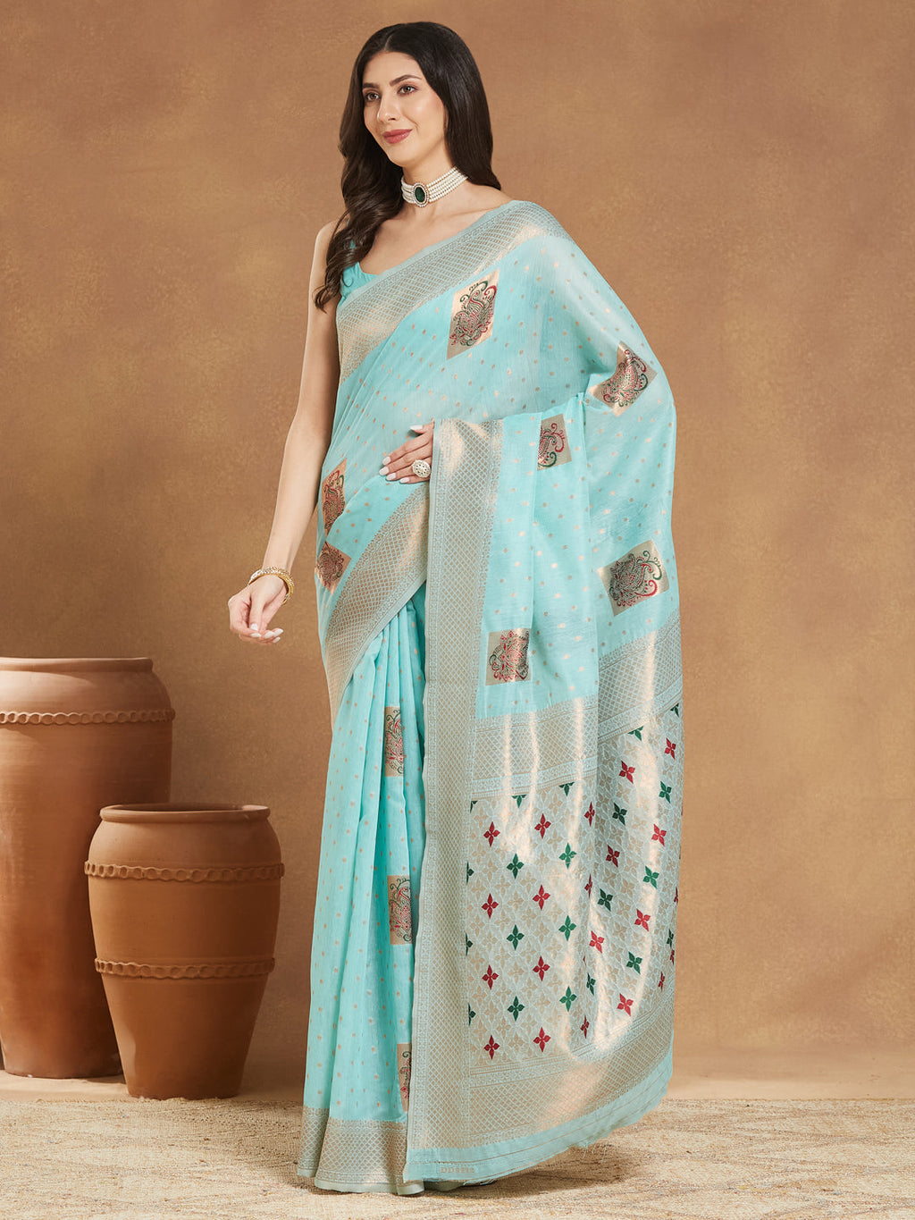 Janasya Women's Sea Green Linen Blend Ethnic Motifs Woven Design Jacquard Saree with Blouse Piece