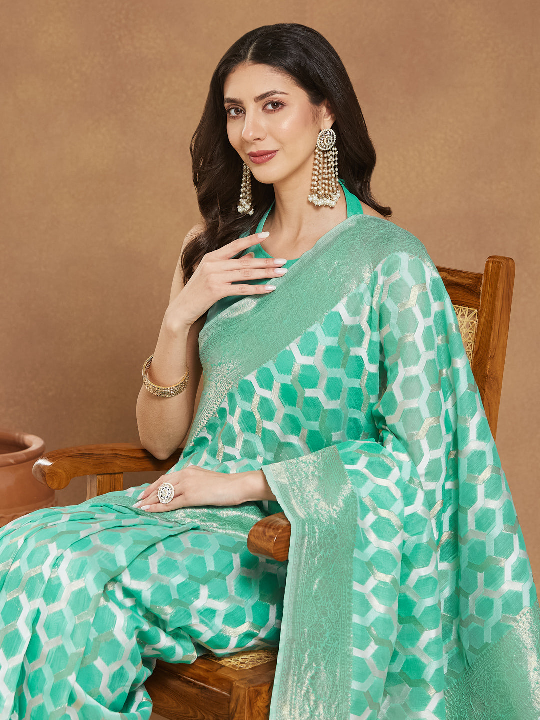 Janasya Women's Sea Green Linen Blend Geometric Woven Design Jacquard Saree with Blouse Piece