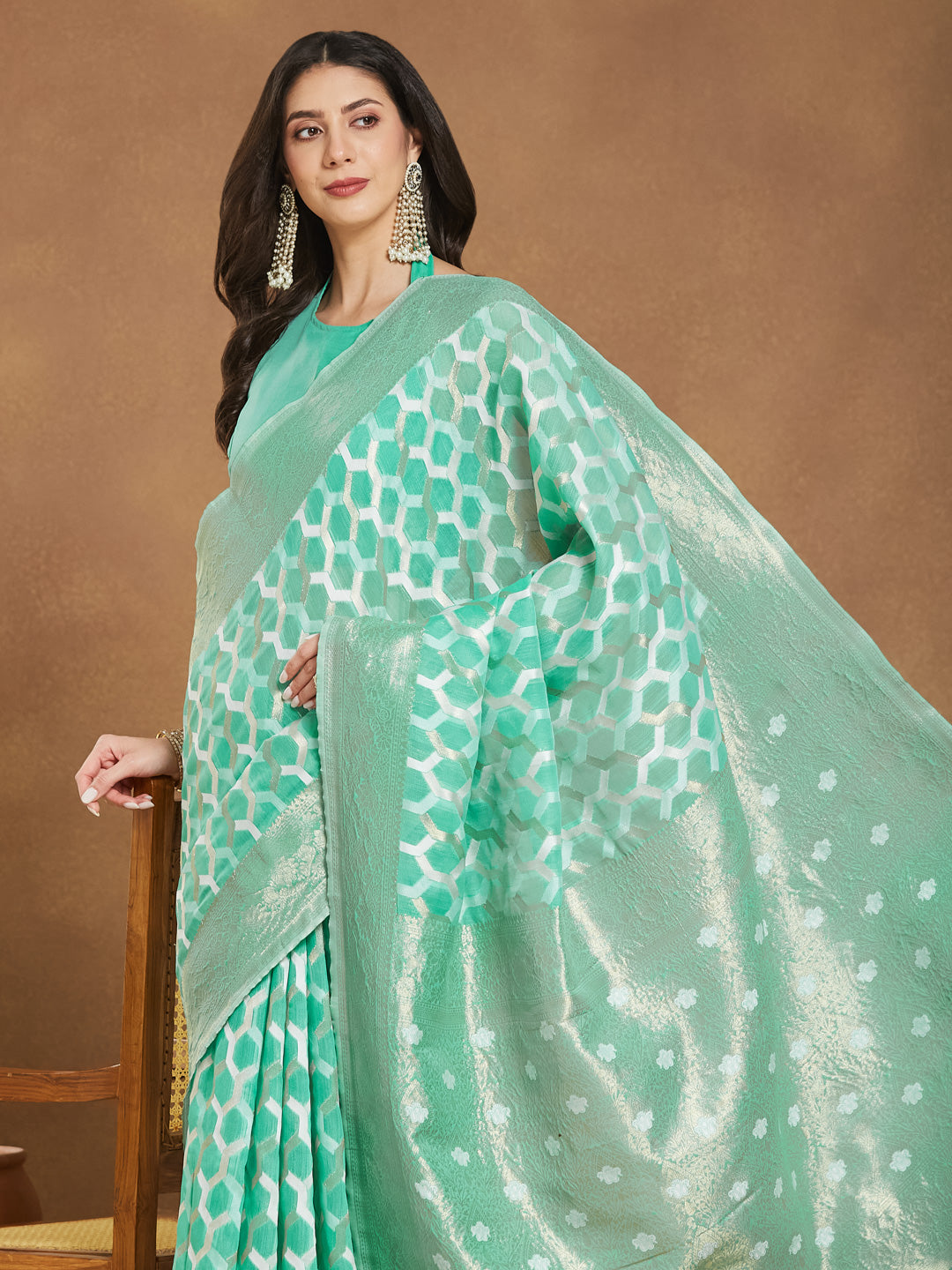 Janasya Women's Sea Green Linen Blend Geometric Woven Design Jacquard Saree with Blouse Piece