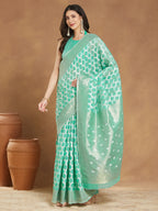 Janasya Women's Sea Green Linen Blend Geometric Woven Design Jacquard Saree with Blouse Piece
