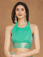 Janasya Women's Sea Green Linen Blend Geometric Woven Design Jacquard Saree with Blouse Piece