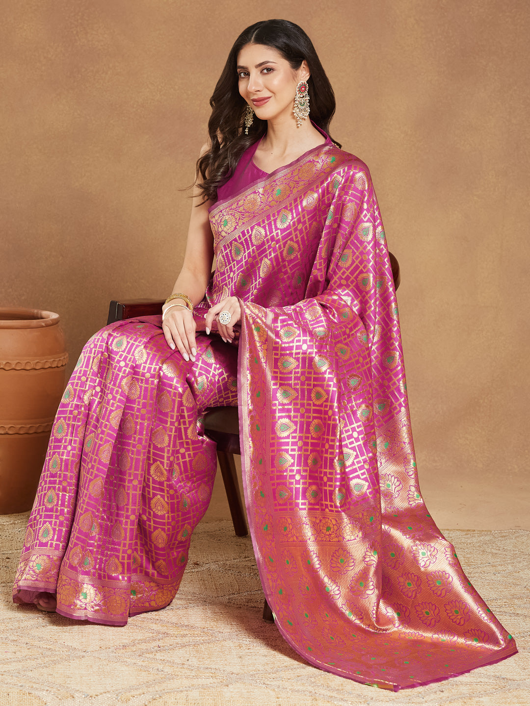 Janasya Women's Pink Silk Blend Ethnic Motifs Woven Design Jacquard Saree with Blouse Piece