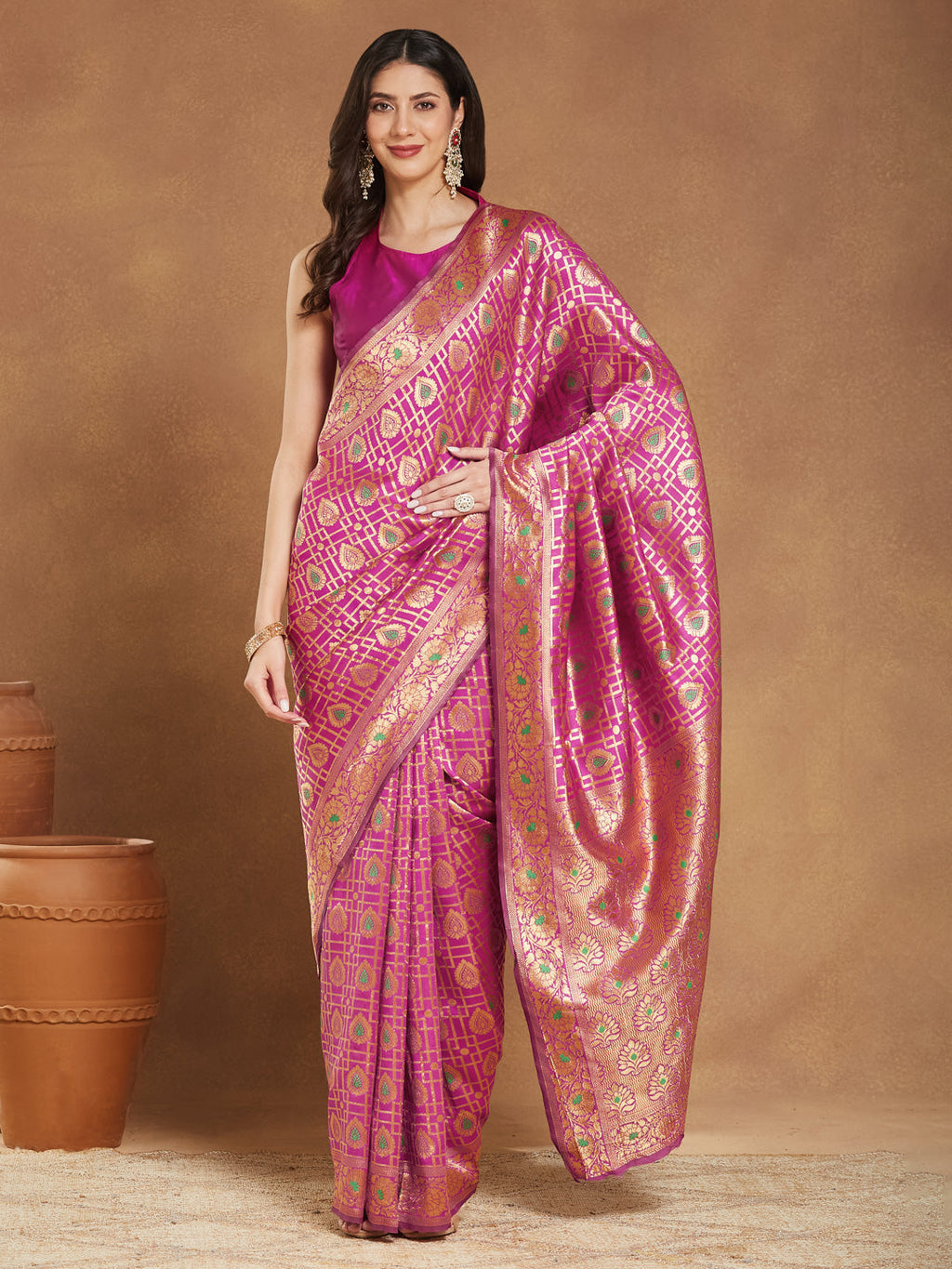 Janasya Women's Pink Silk Blend Ethnic Motifs Woven Design Jacquard Saree with Blouse Piece