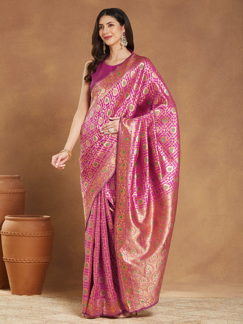 Janasya Women's Pink Silk Blend Ethnic Motifs Woven Design Jacquard Saree with Blouse Piece
