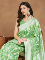 Janasya Women's Light Green Silk Blend Floral Woven Design Jacquard Saree with Blouse Piece