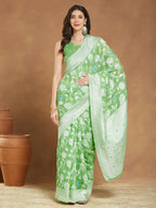 Janasya Women's Light Green Silk Blend Floral Woven Design Jacquard Saree with Blouse Piece