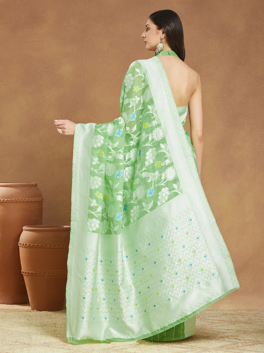Janasya Women's Light Green Silk Blend Floral Woven Design Jacquard Saree with Blouse Piece