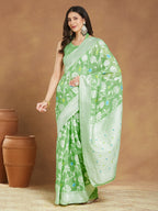 Janasya Women's Light Green Silk Blend Floral Woven Design Jacquard Saree with Blouse Piece