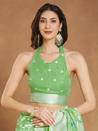 Janasya Women's Light Green Silk Blend Floral Woven Design Jacquard Saree with Blouse Piece