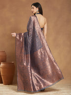 Janasya Women's Dark Grey Silk Blend Floral Woven Design Jacquard Saree with Blouse Piece