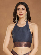 Janasya Women's Dark Grey Silk Blend Floral Woven Design Jacquard Saree with Blouse Piece