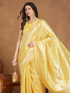 Janasya Women's Yellow Silk Blend Leaf Motifs Woven Design Jacquard Saree with Blouse Piece