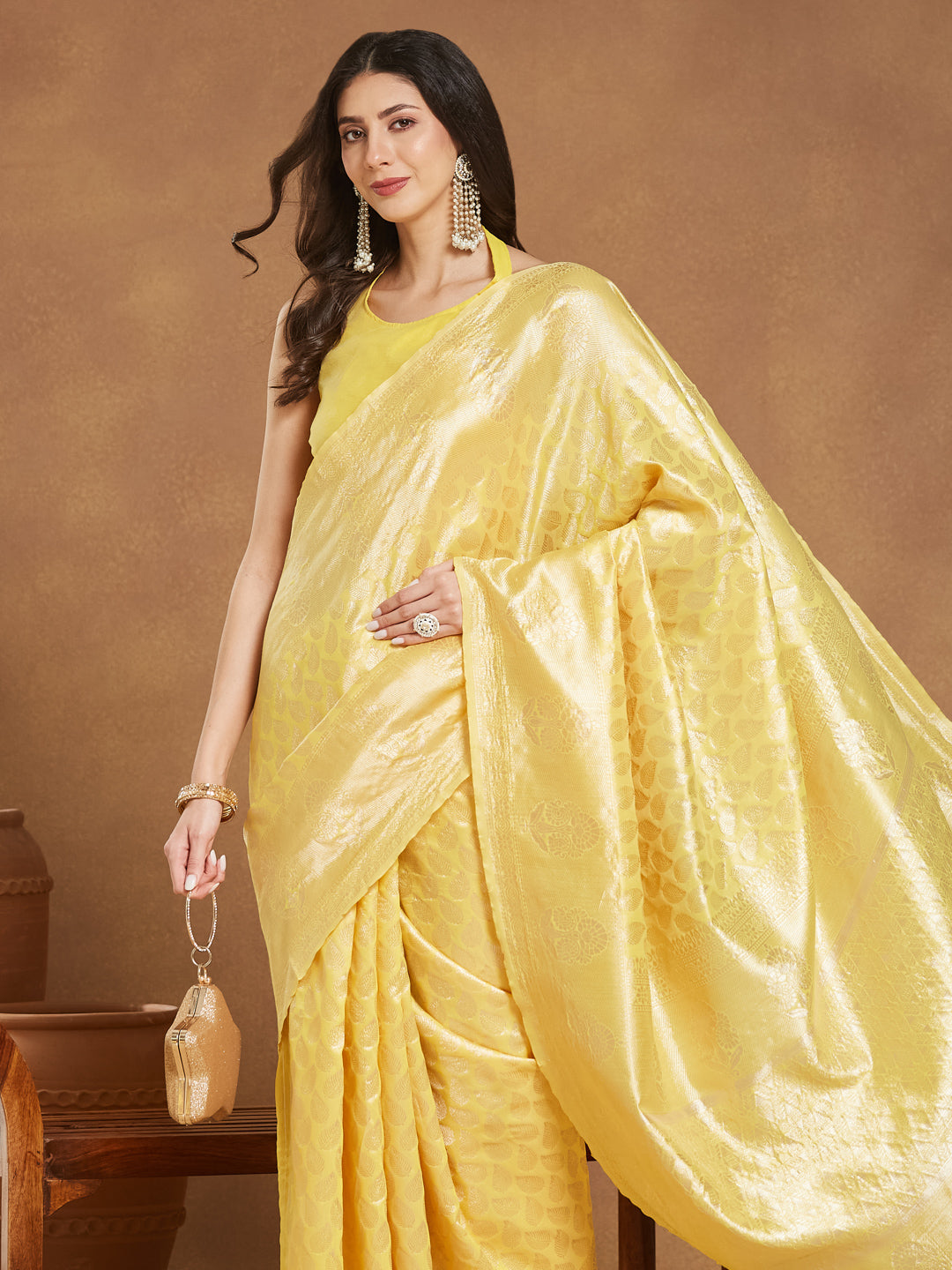 Janasya Women's Yellow Silk Blend Leaf Motifs Woven Design Jacquard Saree with Blouse Piece