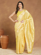 Janasya Women's Yellow Silk Blend Leaf Motifs Woven Design Jacquard Saree with Blouse Piece