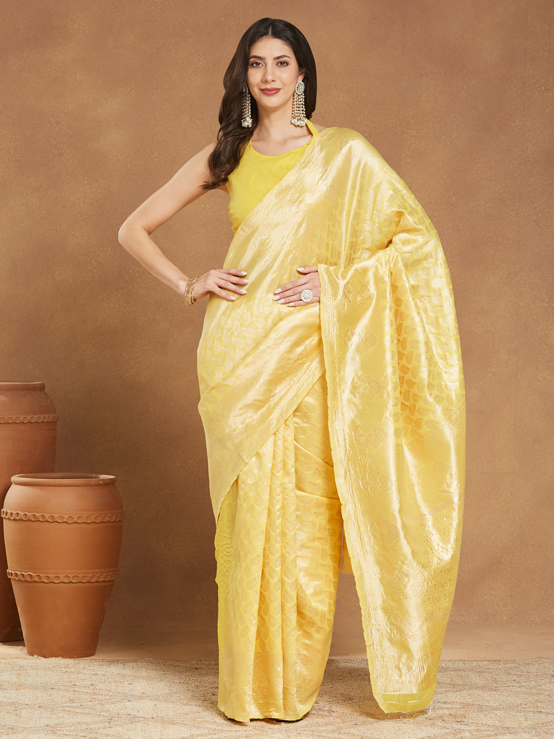 Janasya Women's Yellow Silk Blend Leaf Motifs Woven Design Jacquard Saree with Blouse Piece