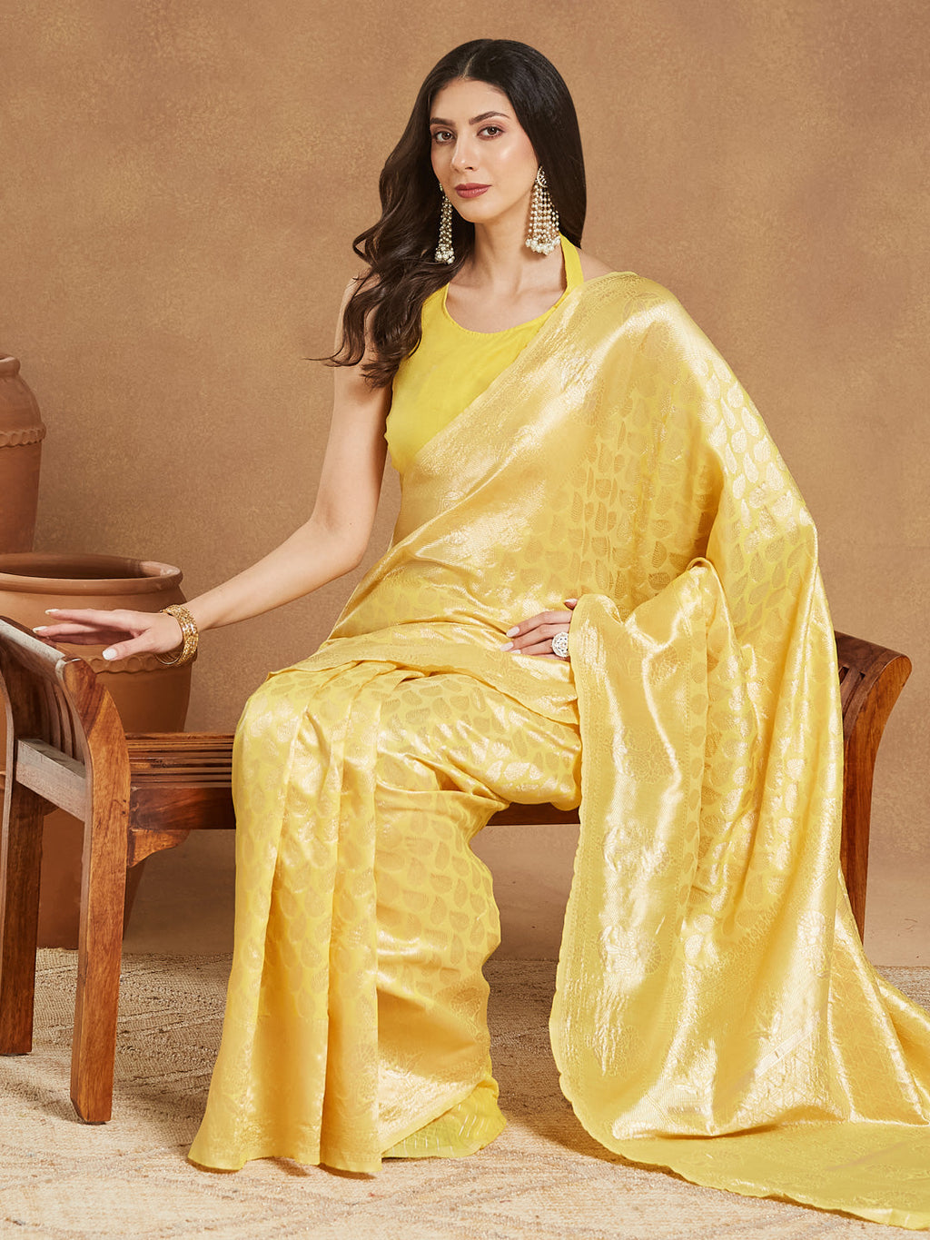 Janasya Women's Yellow Silk Blend Leaf Motifs Woven Design Jacquard Saree with Blouse Piece