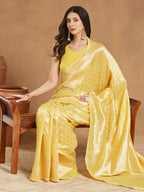 Janasya Women's Yellow Silk Blend Leaf Motifs Woven Design Jacquard Saree with Blouse Piece