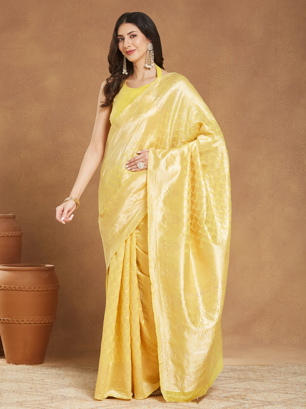 Janasya Women's Yellow Silk Blend Leaf Motifs Woven Design Jacquard Saree with Blouse Piece