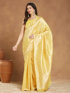 Janasya Women's Yellow Silk Blend Leaf Motifs Woven Design Jacquard Saree with Blouse Piece