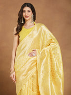 Janasya Women's Yellow Silk Blend Leaf Motifs Woven Design Jacquard Saree with Blouse Piece
