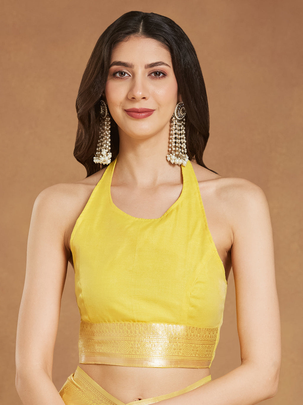 Janasya Women's Yellow Silk Blend Leaf Motifs Woven Design Jacquard Saree with Blouse Piece