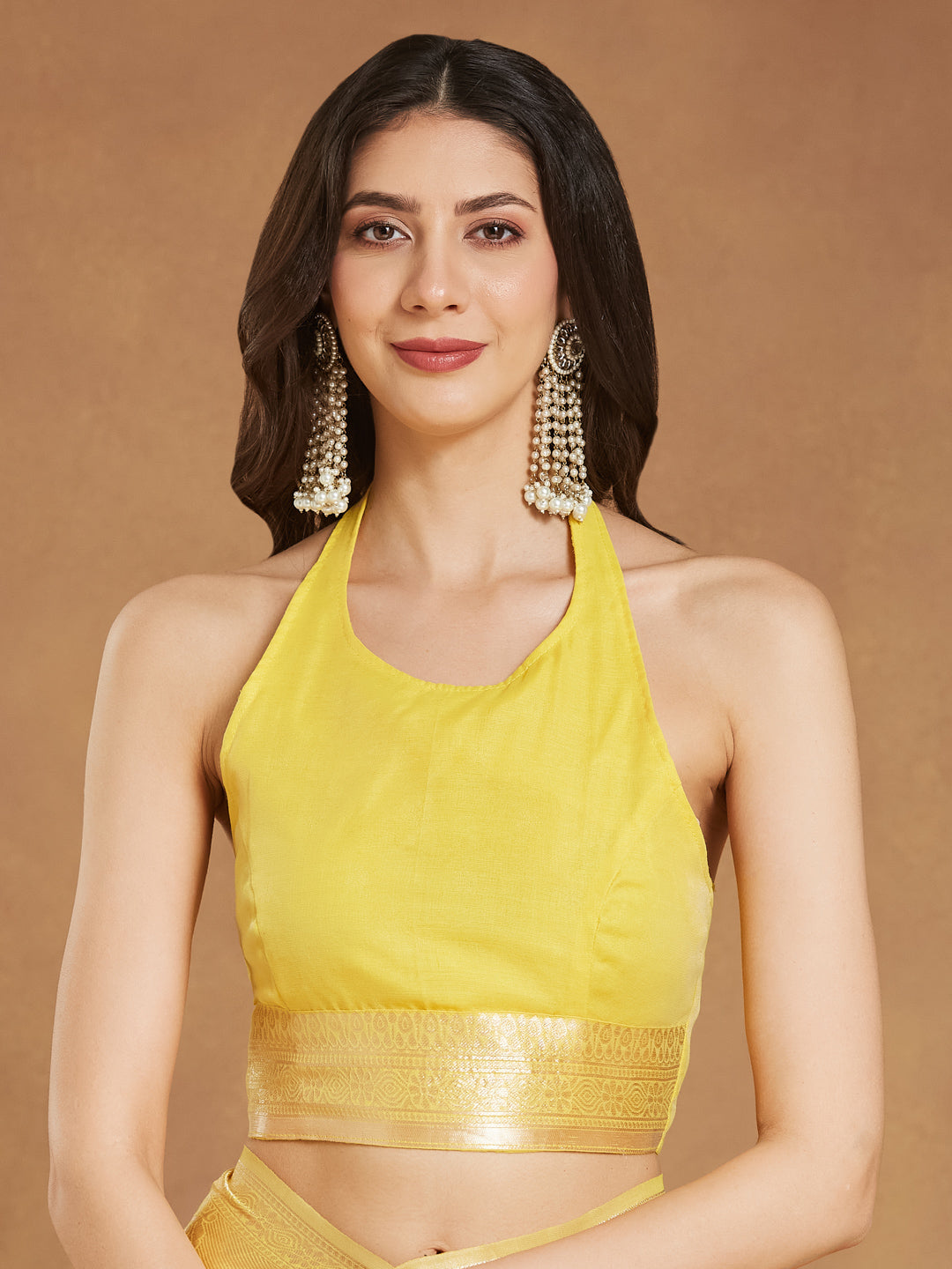 Janasya Women's Yellow Silk Blend Leaf Motifs Woven Design Jacquard Saree with Blouse Piece