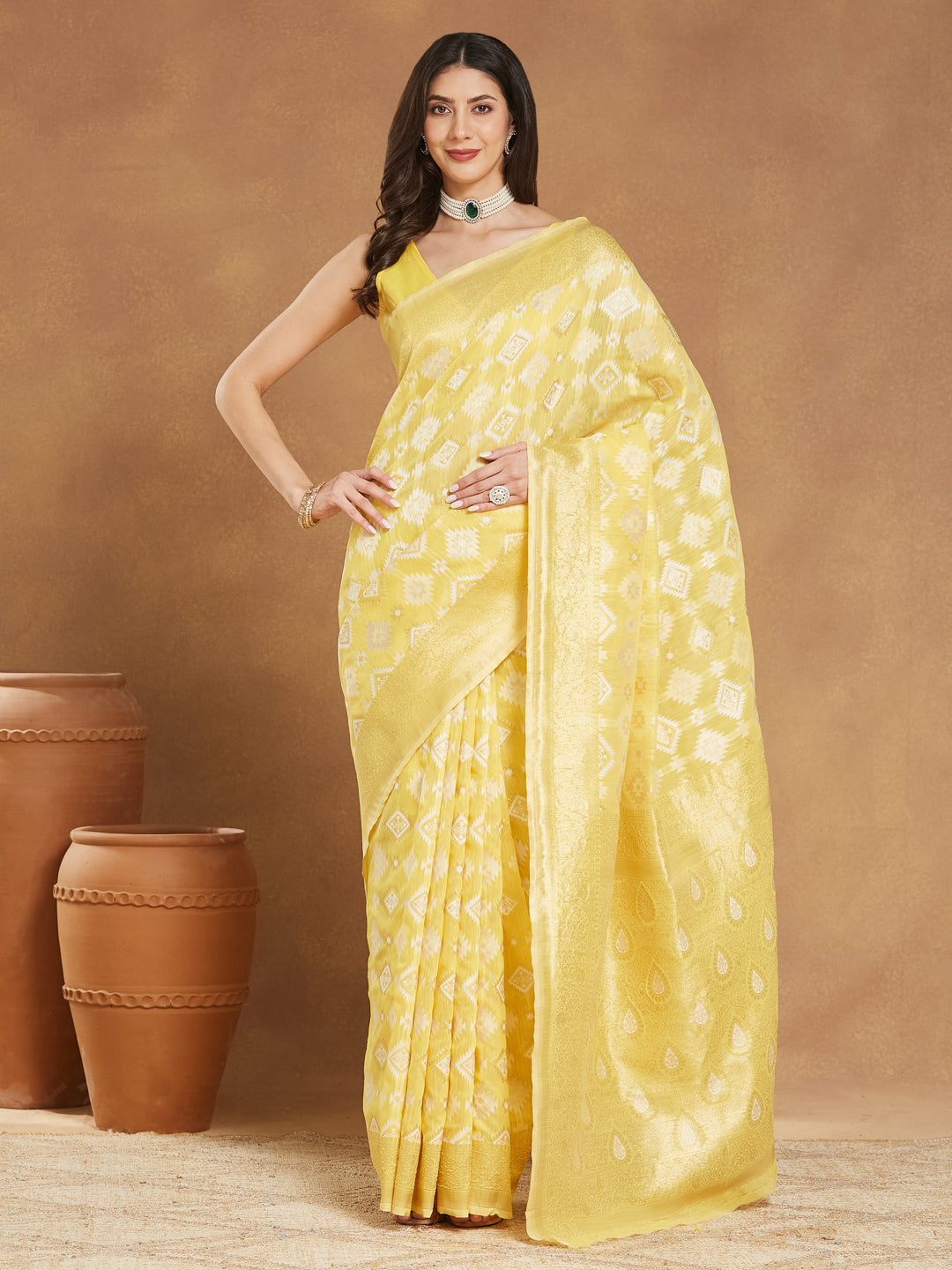 Janasya Women's Yellow Silk Blend Geometric Woven Design Jacquard Saree with Blouse Piece