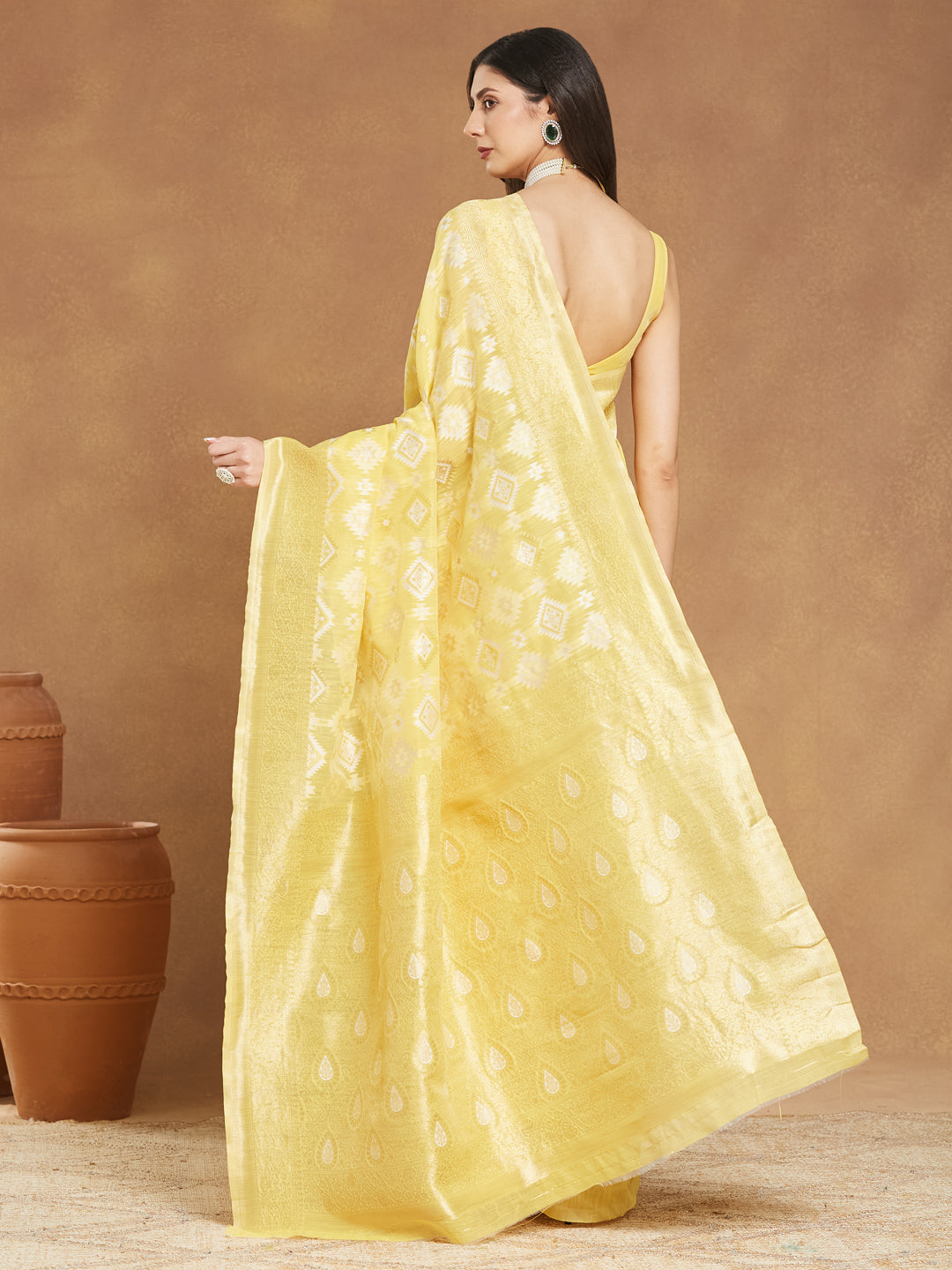 Janasya Women's Yellow Silk Blend Geometric Woven Design Jacquard Saree with Blouse Piece