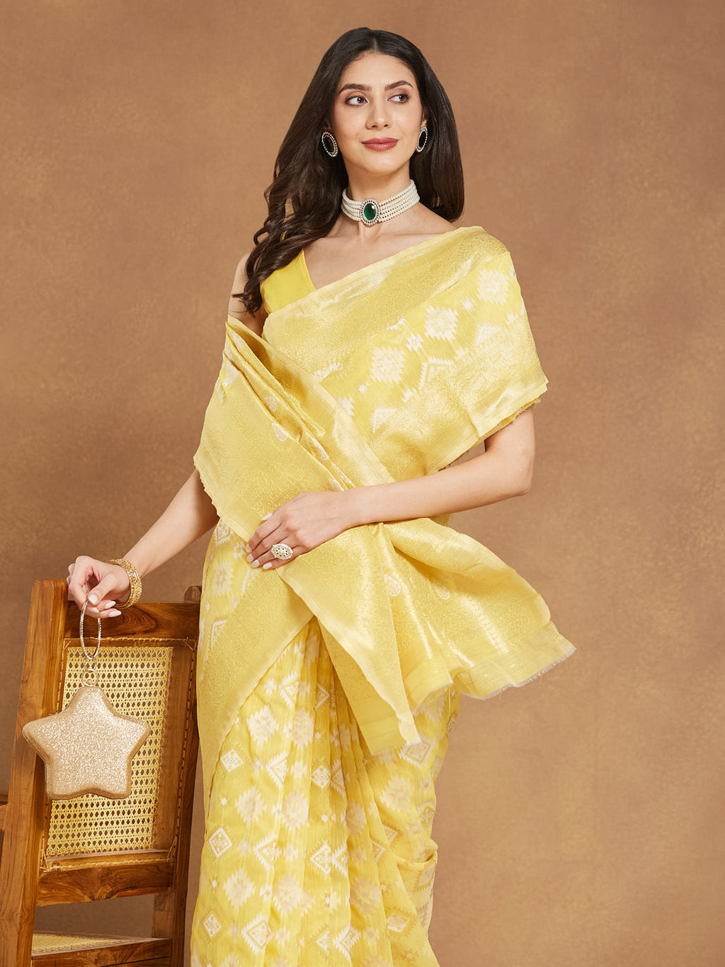 Janasya Women's Yellow Silk Blend Geometric Woven Design Jacquard Saree with Blouse Piece